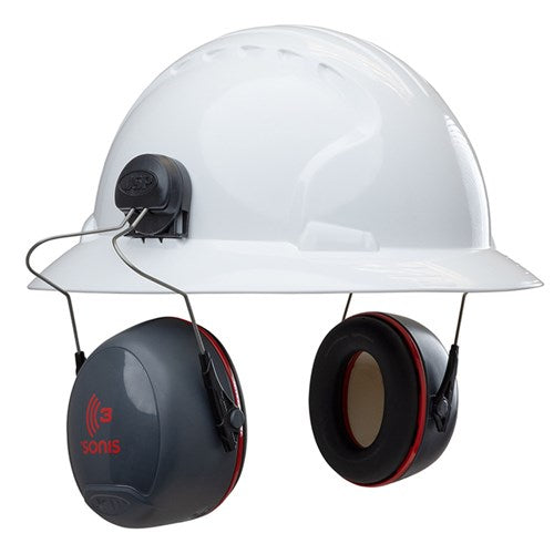 JSP AEB040-0D1-AAN SONIS3 Full Brim Helmet Mounted Grey/Red Plate Earmuffs Class 5 32-DB