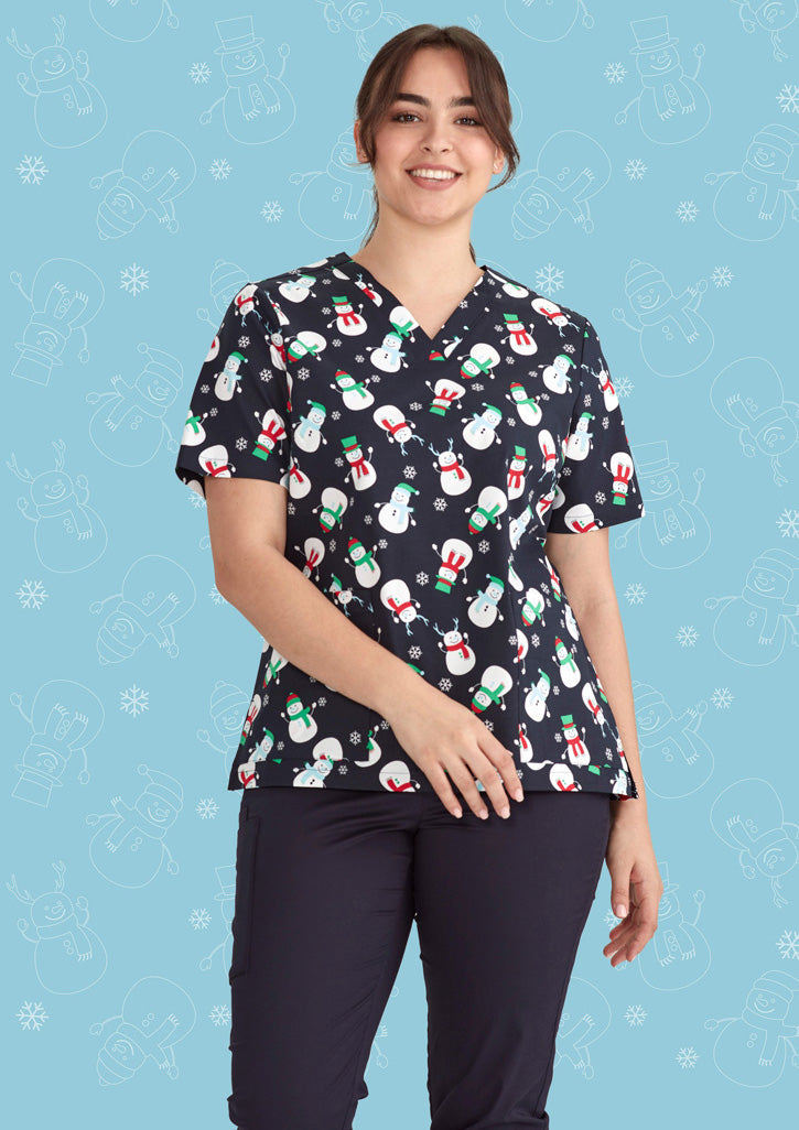 Biz care CST346LS Women's Christmas V-Neck Short Sleeve Scrub Top