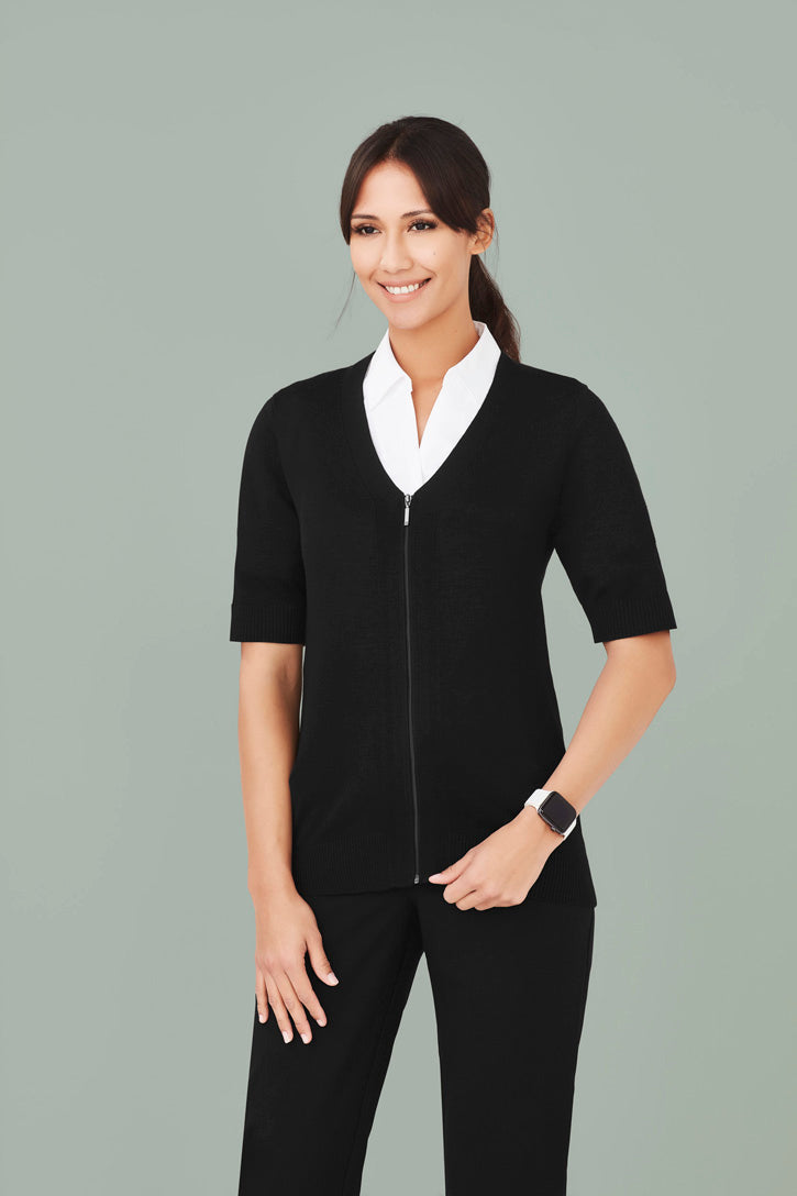 Biz care CK962LC Women's Zip Front Short Sleeve Knit