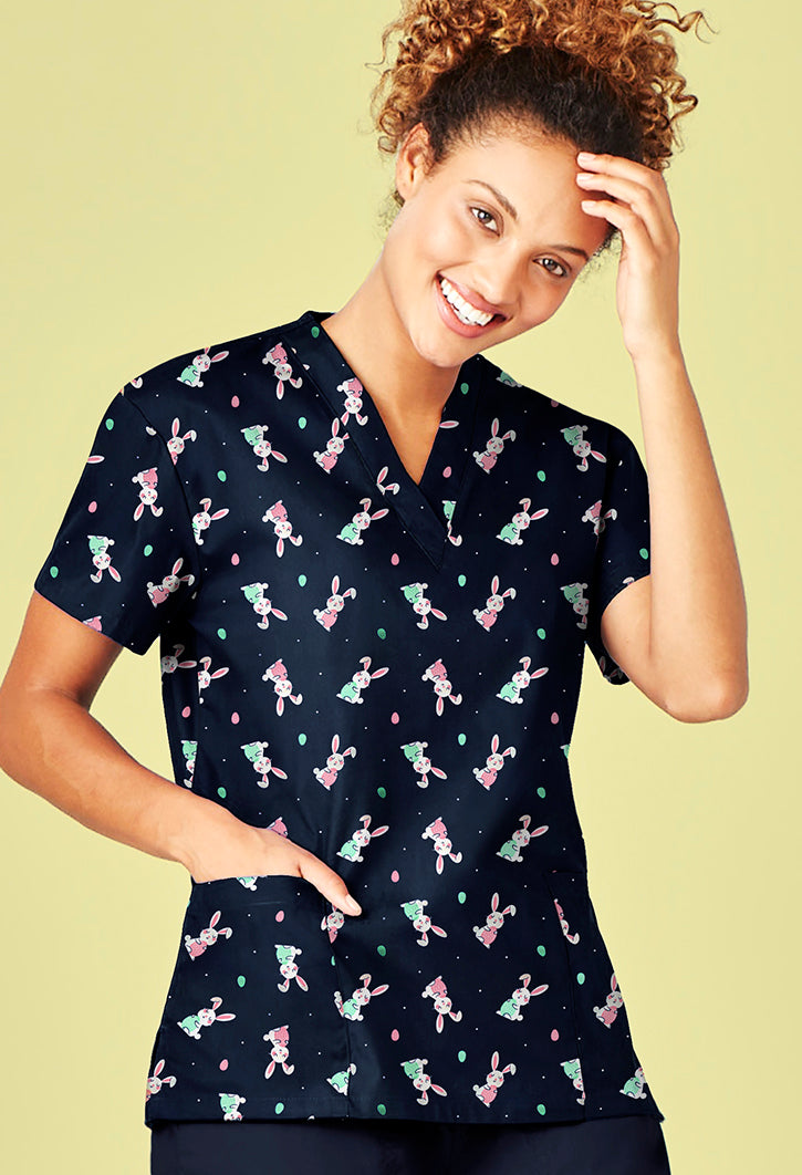 Biz care CST152LS Women's Easter V-Neck Short Sleeve Scrub Top Navy