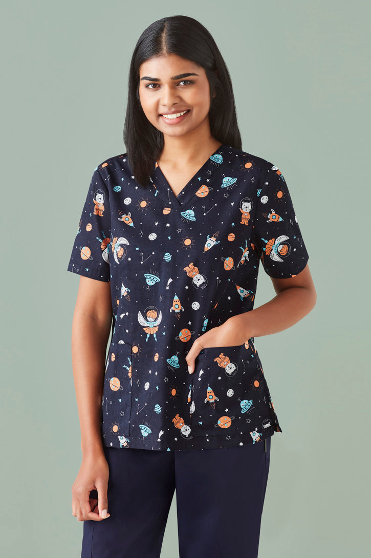 Biz care CST148LS Space Party Women's Scrub Top-Navy