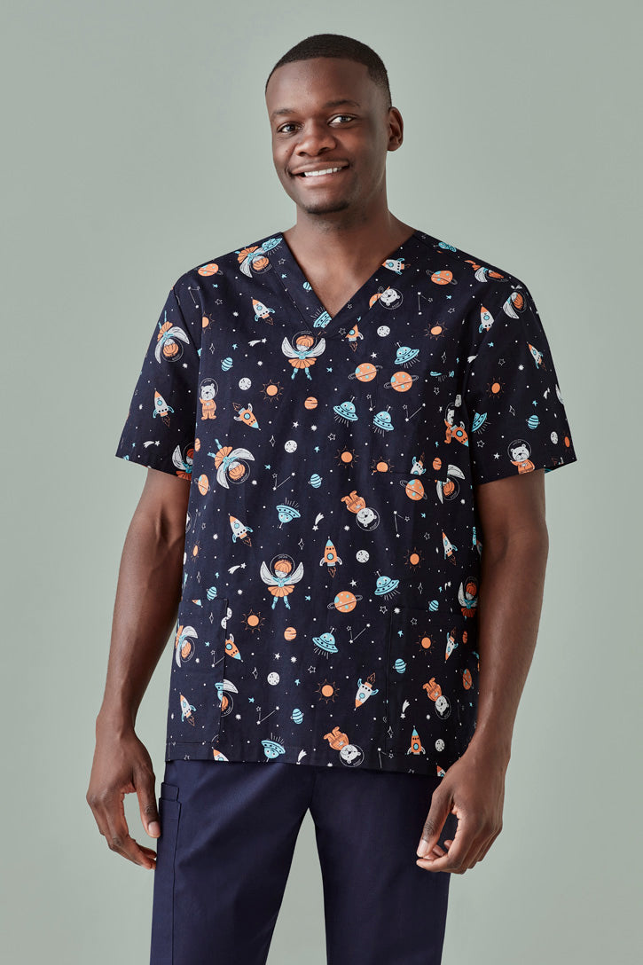 Biz care CST148MS Space Party Men's Scrub Top -Navy