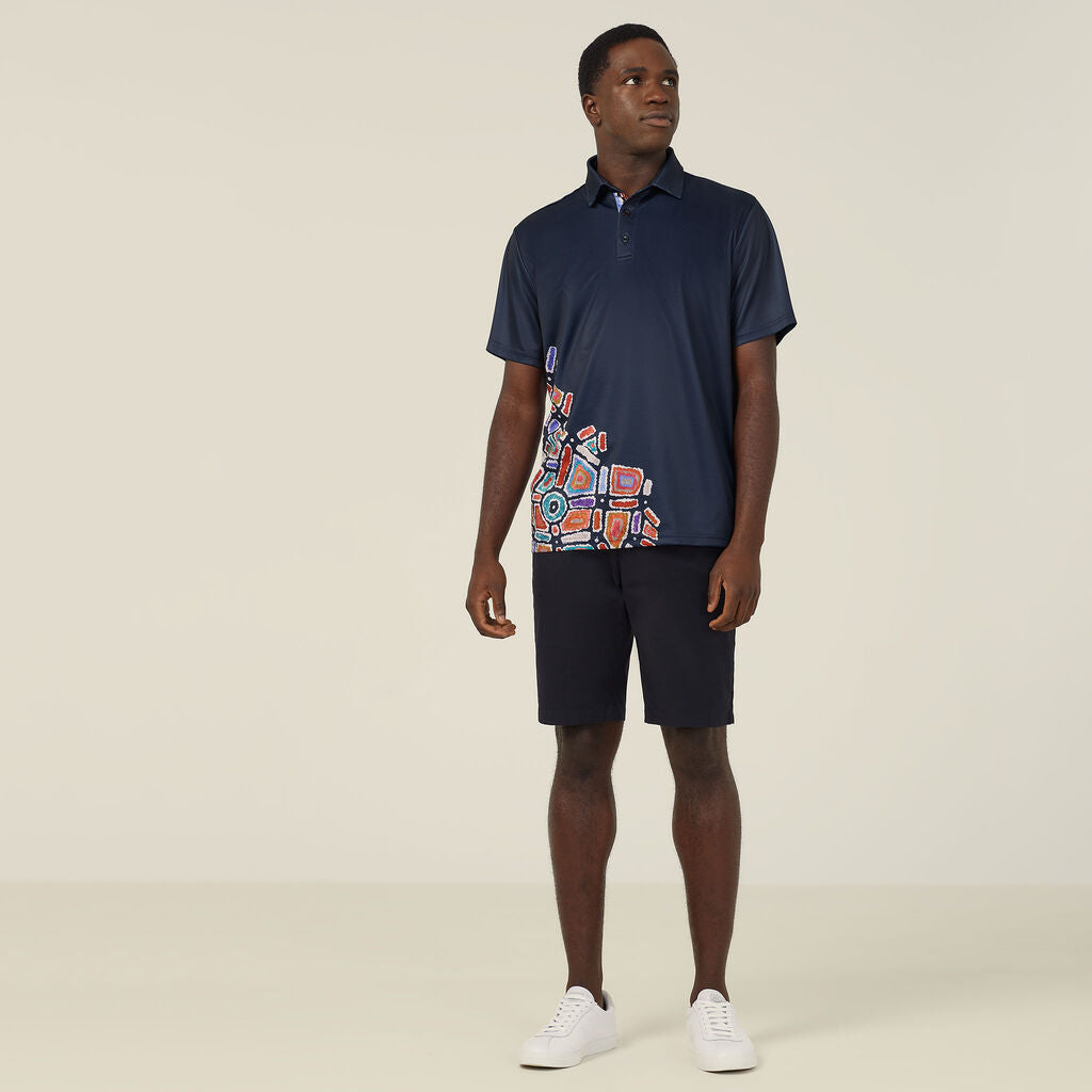 NNT CATJH6 Water Dreaming Indigenous Print Polo Navy Print Sublimated
