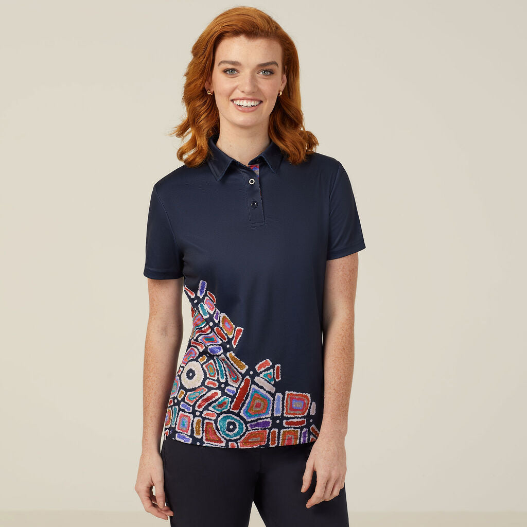 NNT CATUQV Water Dreaming Indigenous Print Polo Navy Print Sublimated