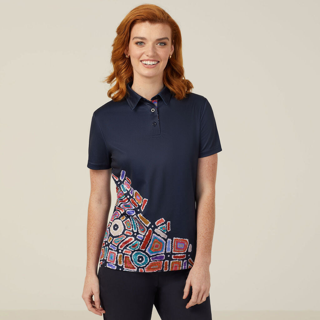 NNT CATUQV Water Dreaming Indigenous Print Polo Navy Print Sublimated
