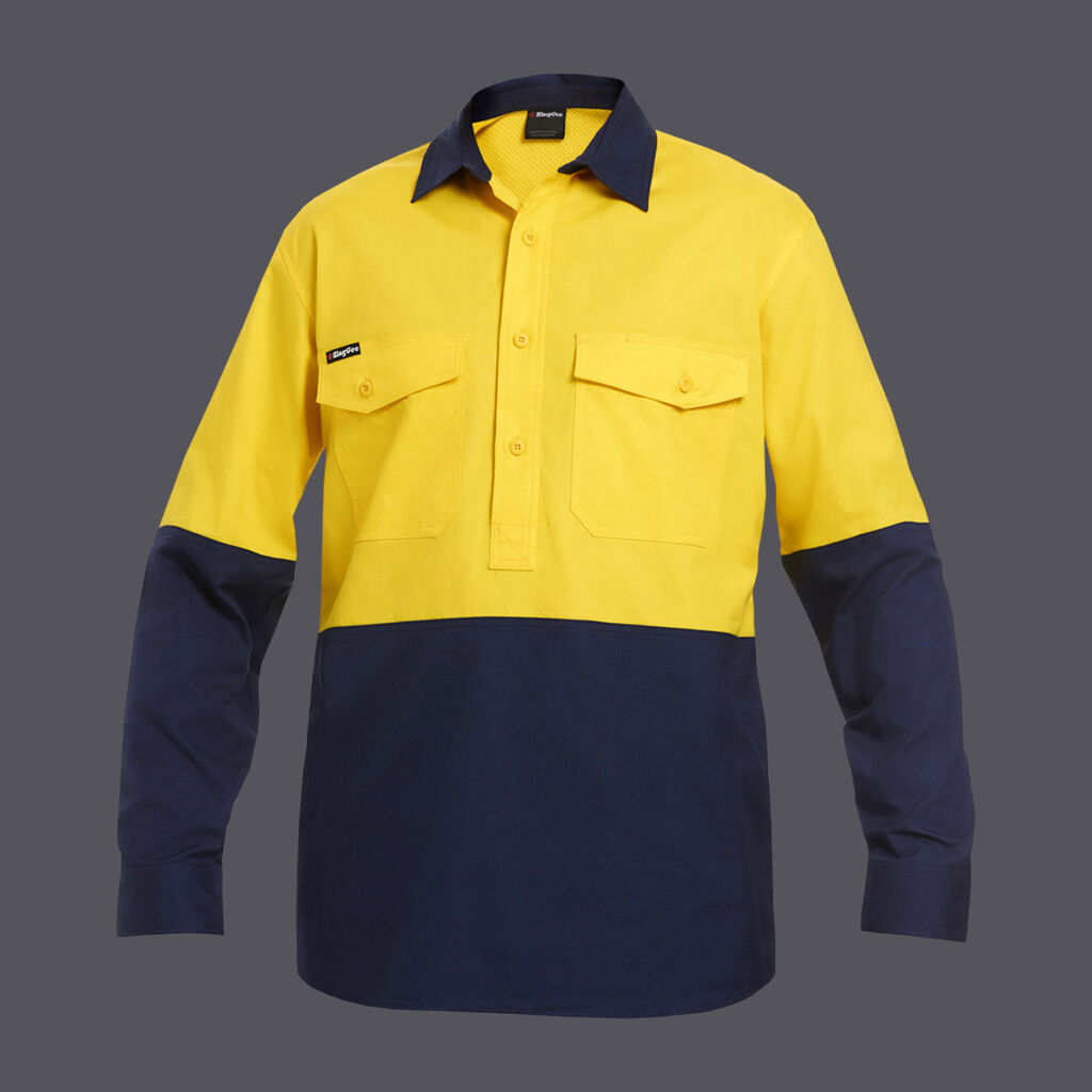 KingGee K54876 Workcool 2 Hi-vis Spliced Closed Front Shirt L/s-Yellow/Navy