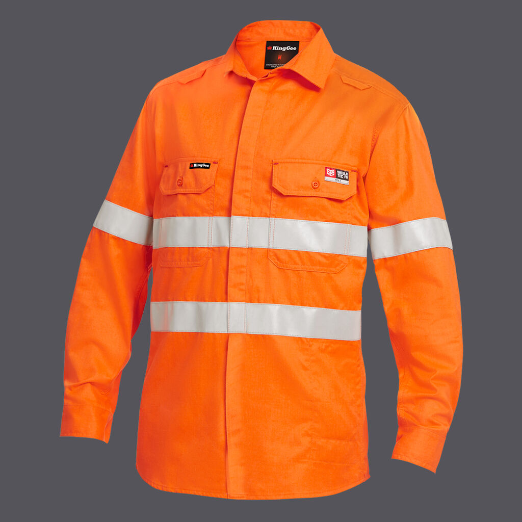 KingGee K84001 Shield Tec Lenzing Fr Hi-vis Spliced Open Front Taped Shirt-Orange