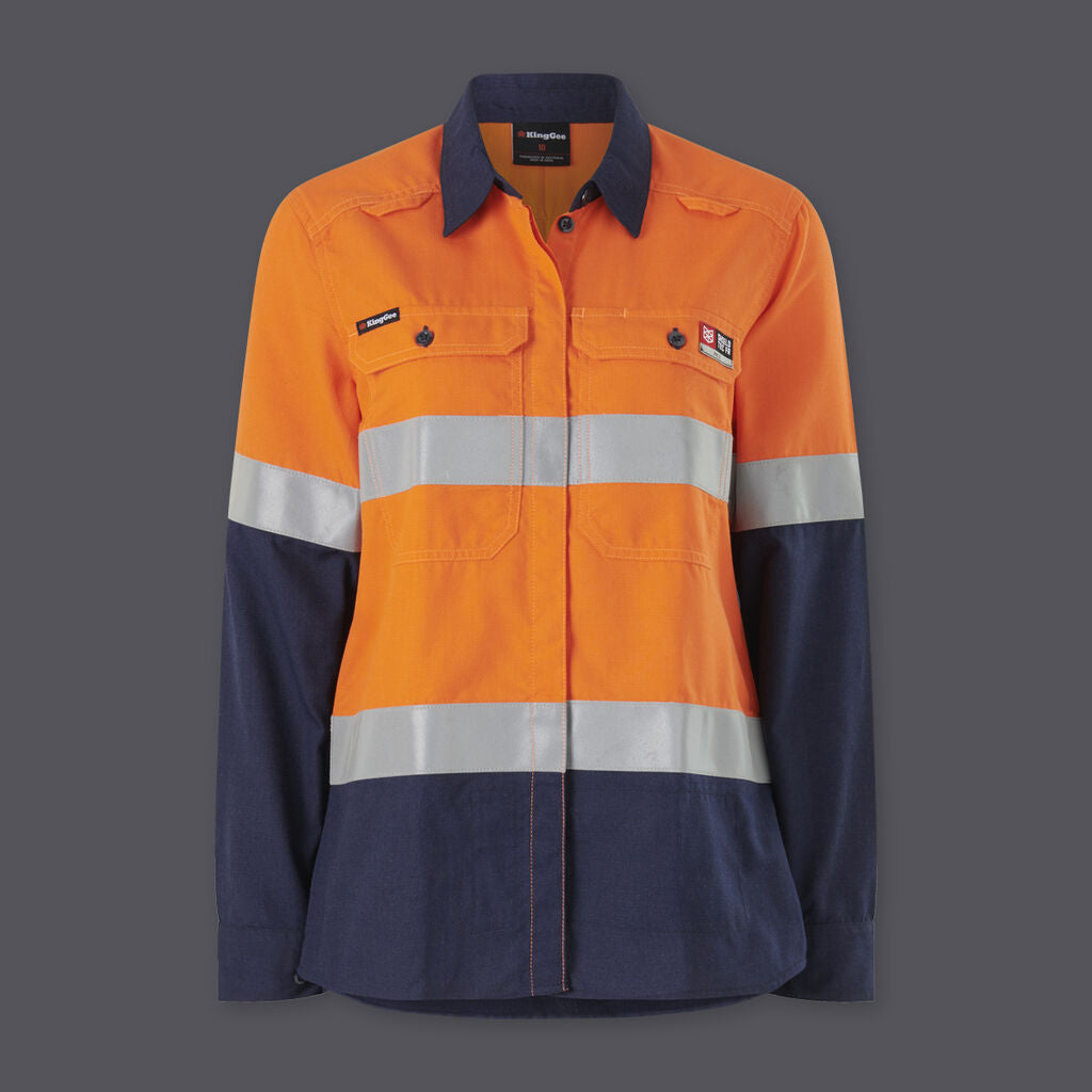KingGee K84002 Women’s Shield Tec Lenzing Fr Hi-vis Spliced Open Front Taped Shirt