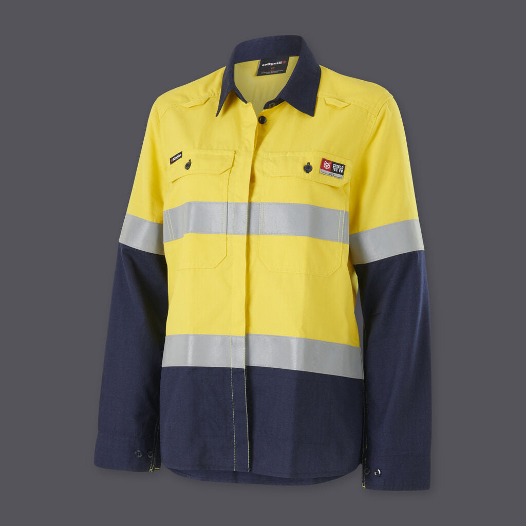 KingGee K84002 Women’s Shield Tec Lenzing Fr Hi-vis Spliced Open Front Taped Shirt