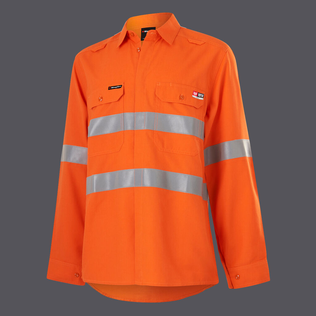 KingGee K84003 Ladies Shieldtec Lenzing Fr Hi-vis Spliced Open Front Taped Shirt-Orange