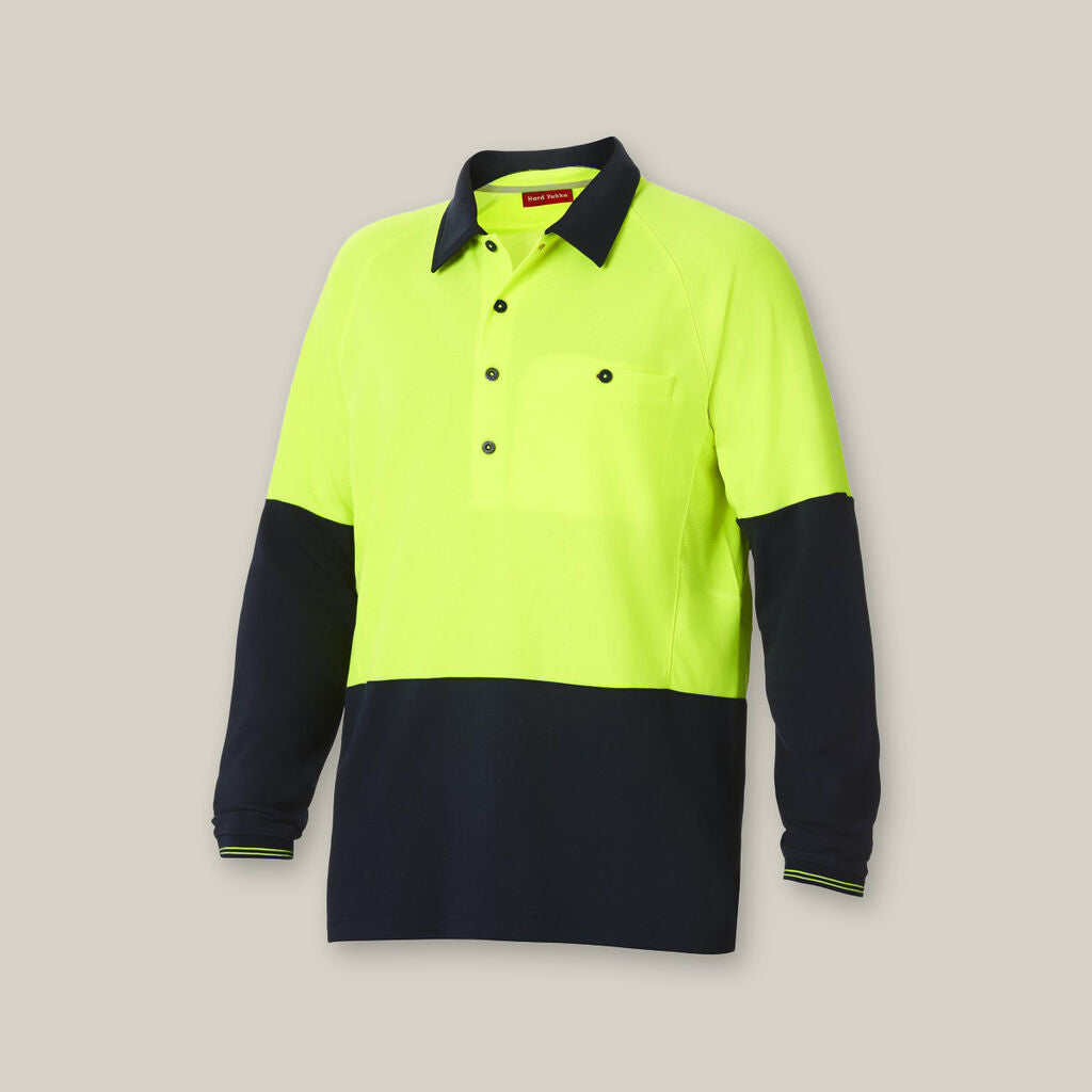 Hard Yakka Y11389 Koolgear Hi-visibility Two Tone Long Sleeve Ventilated Polo-Lemon/Dark Navy