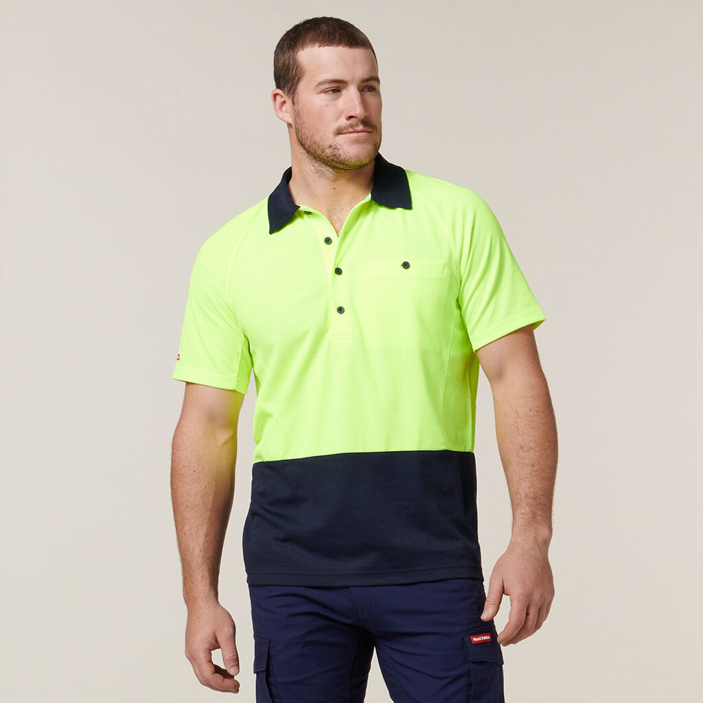 Hard Yakka Y11396 Koolgear Hi-visibility Two Tone Short Sleeve Ventilated Polo-Lemon/Dark Navy