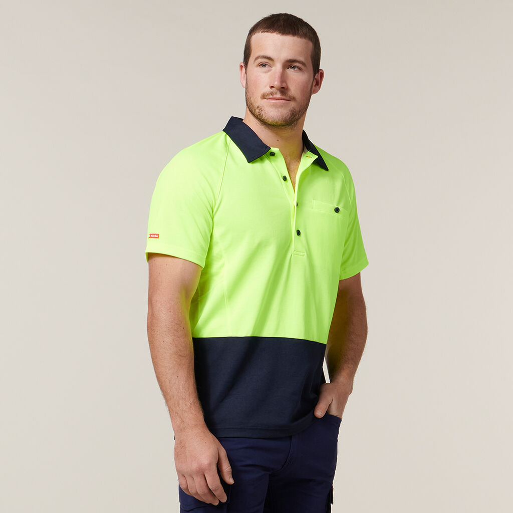 Hard Yakka Y11396 Koolgear Hi-visibility Two Tone Short Sleeve Ventilated Polo-Lemon/Dark Navy