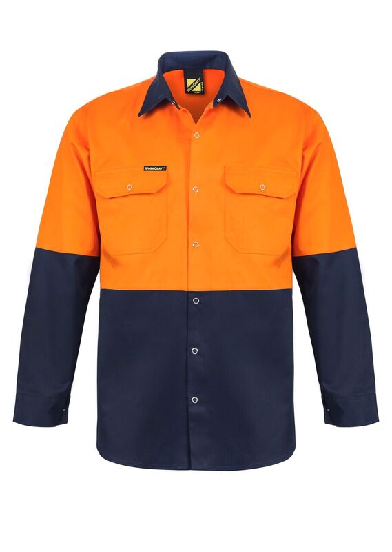 Workcraft WS3032 Hi vis Two Tone Long Sleeve Cotton Drill Shirt With Press Studs