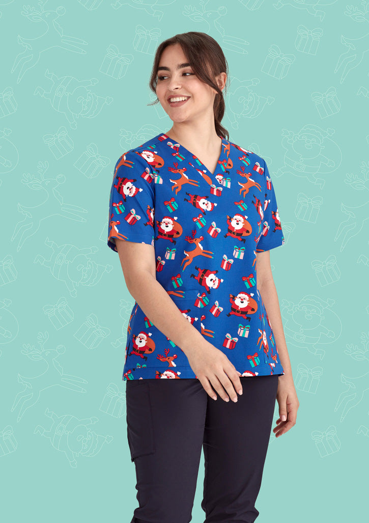 Biz care CST346LS Women's Christmas V-Neck Short Sleeve Scrub Top