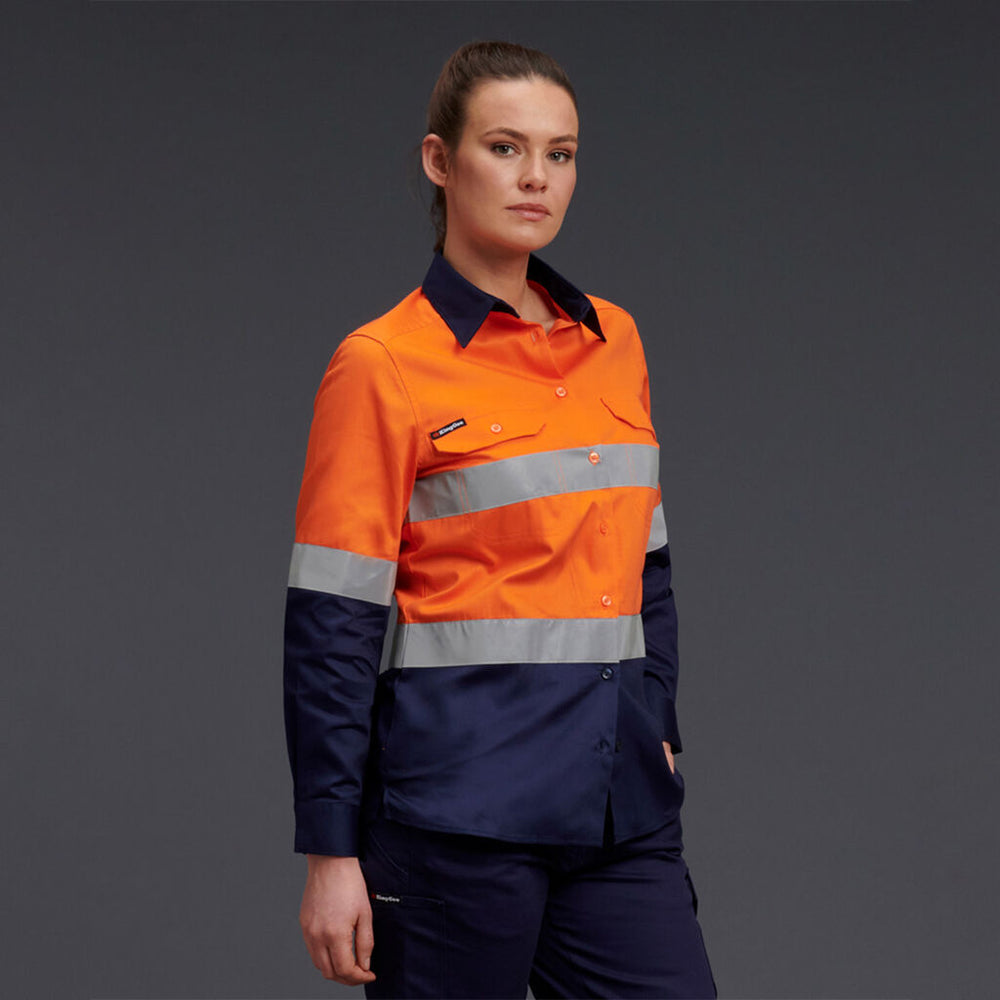 K44544 Back KingGee K44532 Ladies Hi-vis Reflective Spliced Drill Shirt L/S