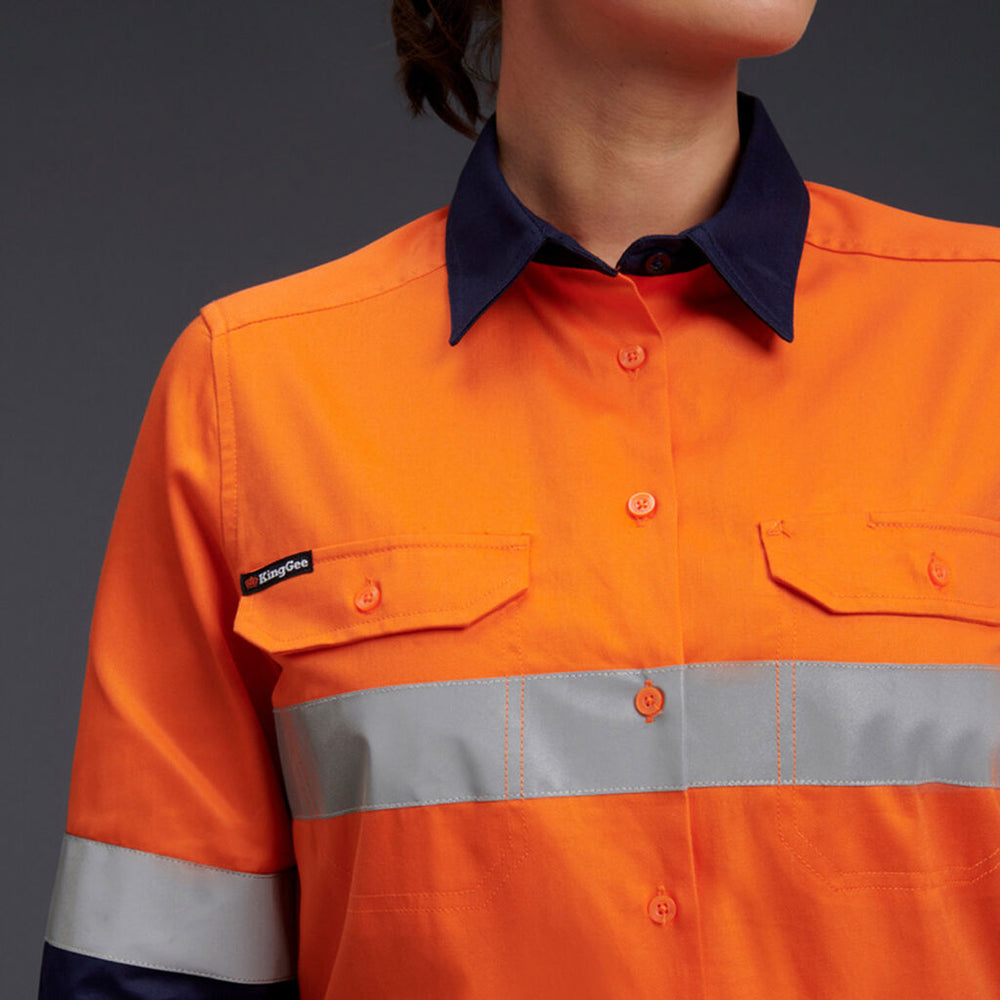 K44544 Back KingGee K44532 Ladies Hi-vis Reflective Spliced Drill Shirt L/S
