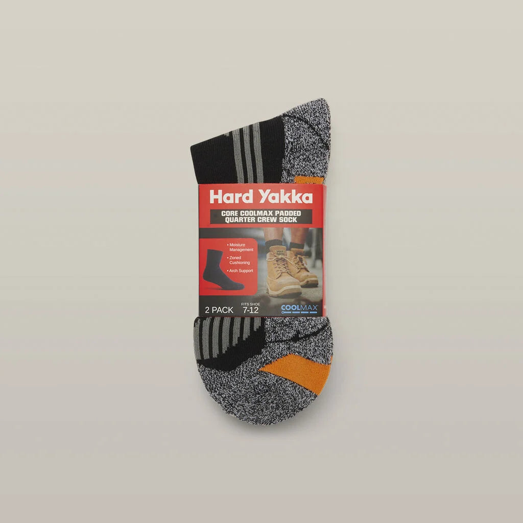 Hard Yakka Y20017 Core Coolmax Padded Quarter Crew Sock 2PK