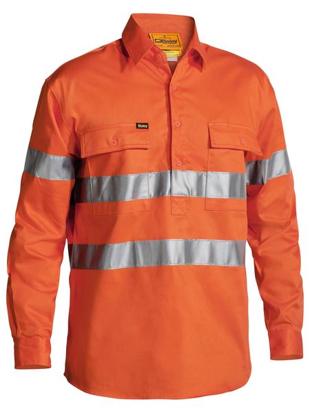 Bisley BTC6482 Hi-vis 3m Reflective Tape Closed Front Men's Drill L/s Shirt-Orange