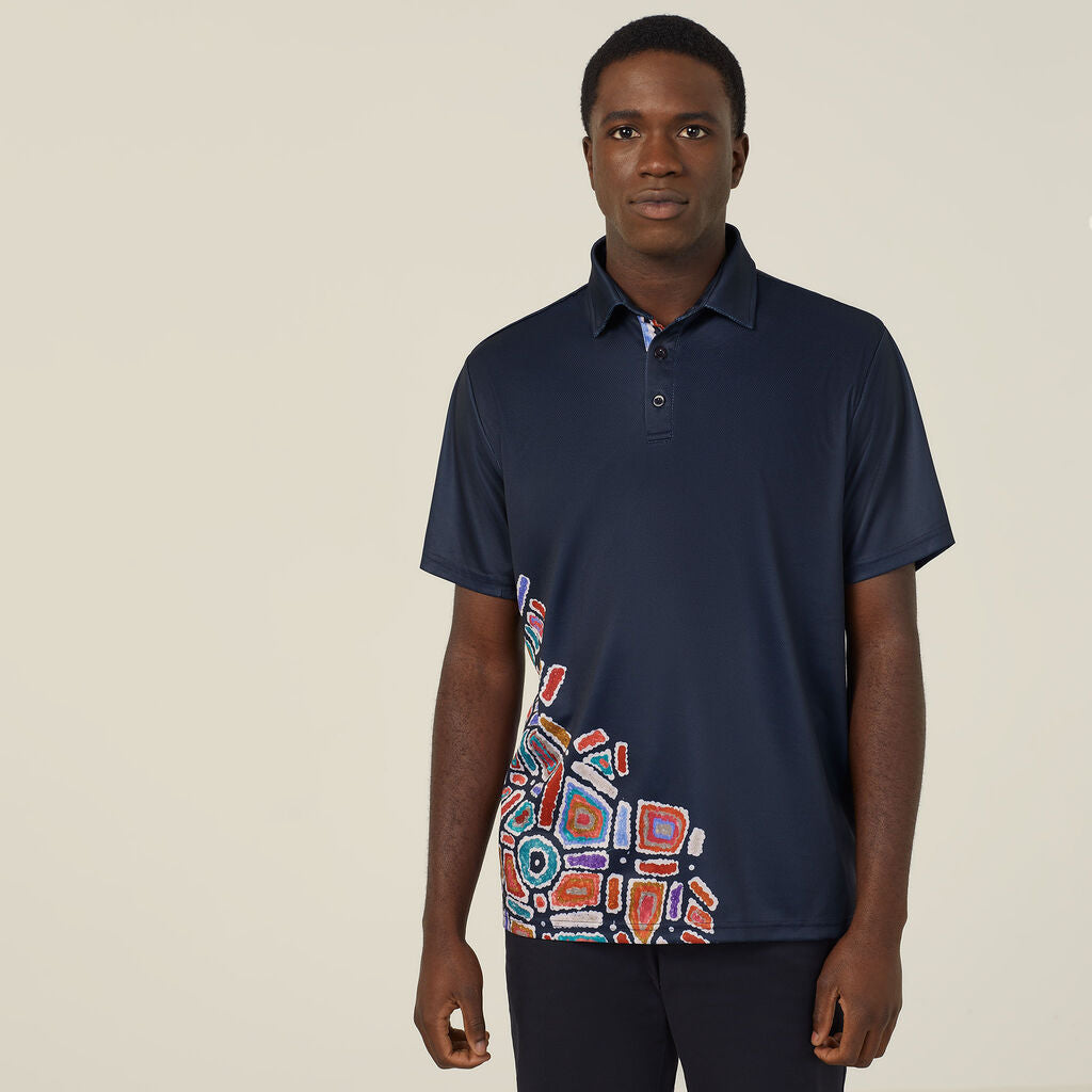 NNT CATJH6 Water Dreaming Indigenous Print Polo Navy Print Sublimated