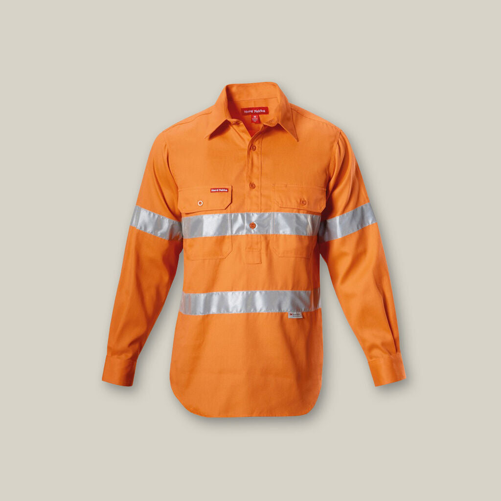 Hard Yakka Y07899 Hi-Vis Closed Front Taped Long Sleeve Cotton Drill Shirt-Safety Orange