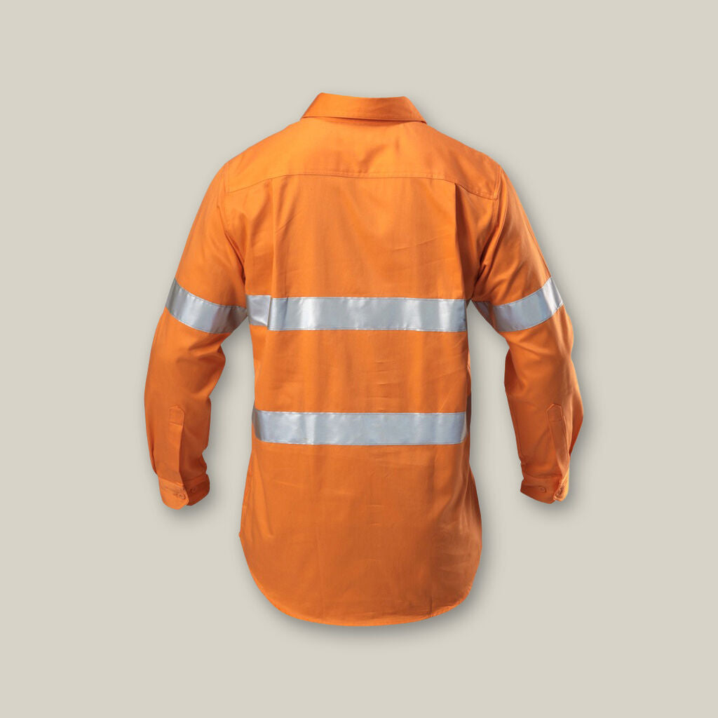 Hard Yakka Y07899 Hi-Vis Closed Front Taped Long Sleeve Cotton Drill Shirt-Safety Orange