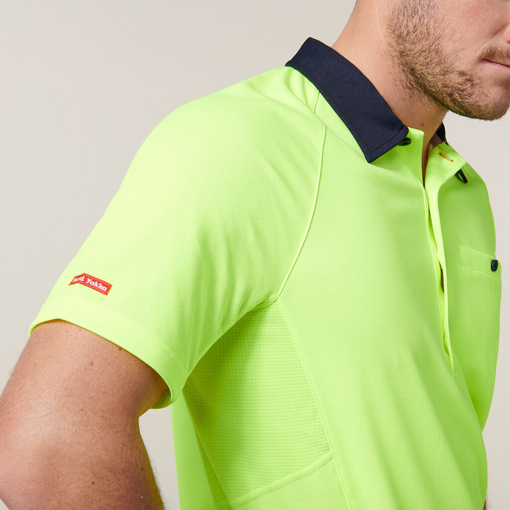 Hard Yakka Y11396 Koolgear Hi-visibility Two Tone Short Sleeve Ventilated Polo-Lemon/Dark Navy